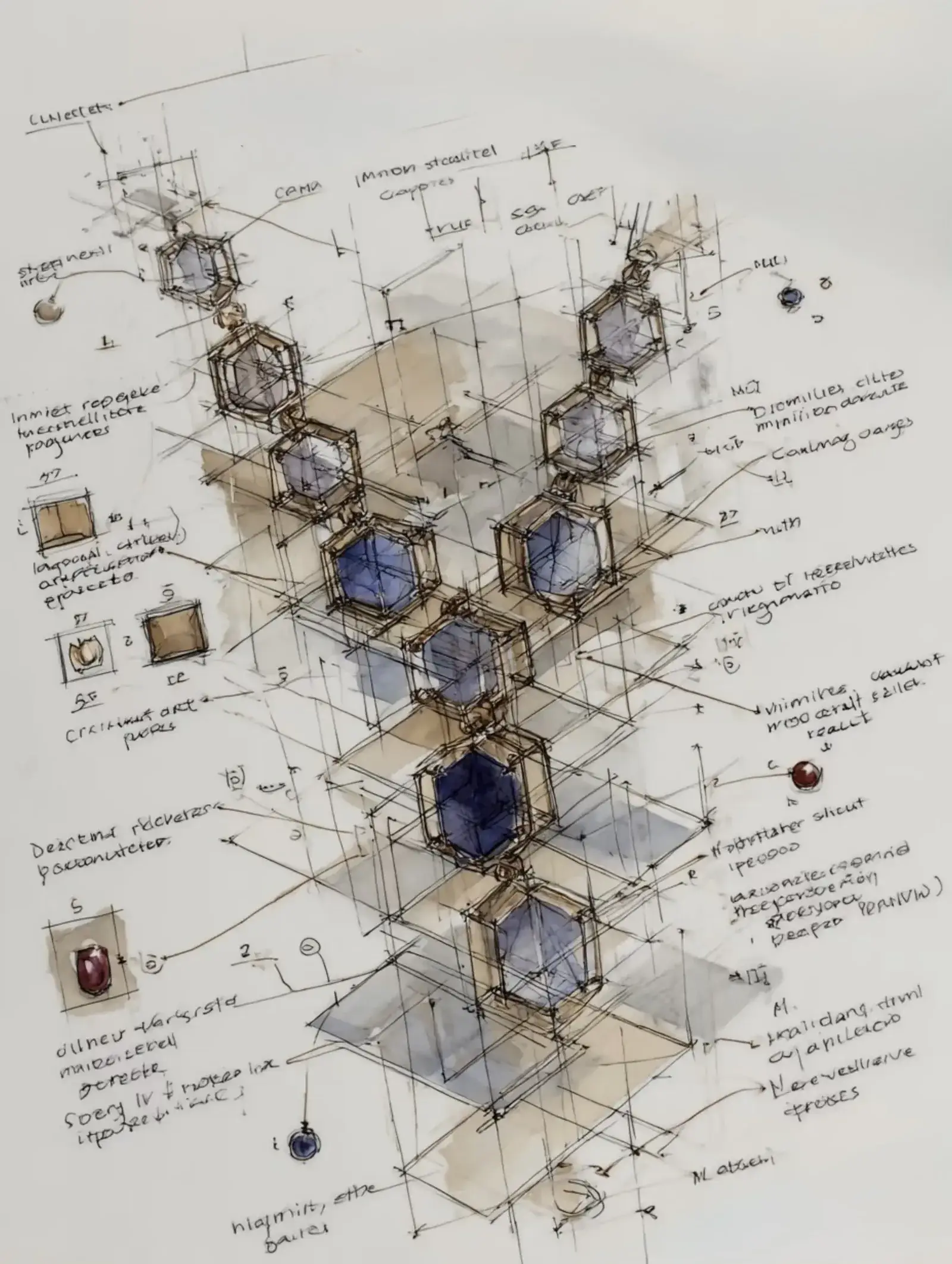 A hand-drawn watercolor sketch of a cushion-cut sapphire ring with technical annotations.