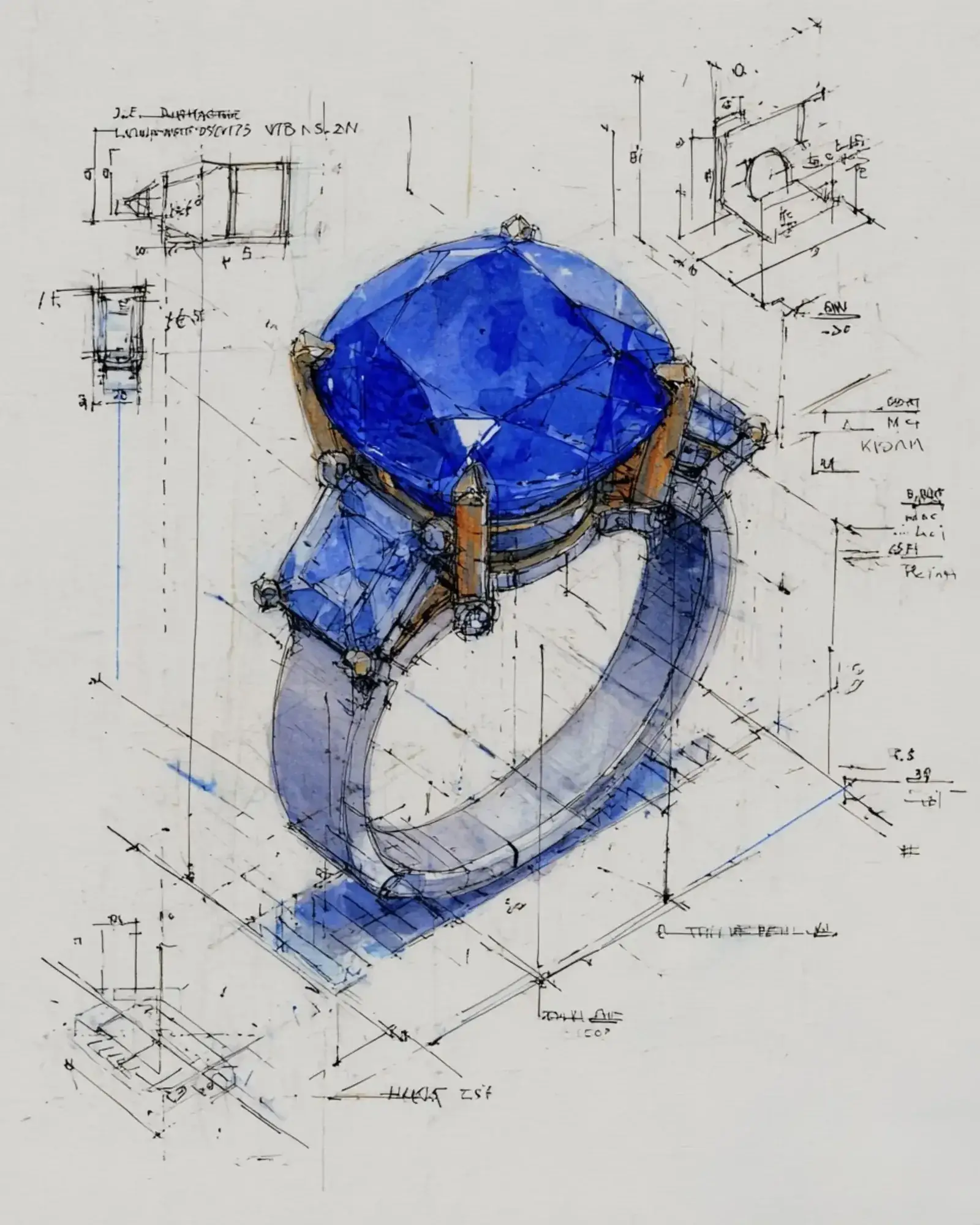 A hand-drawn watercolor sketch of a blue sapphire ring with engineering notations and orthographic studies.